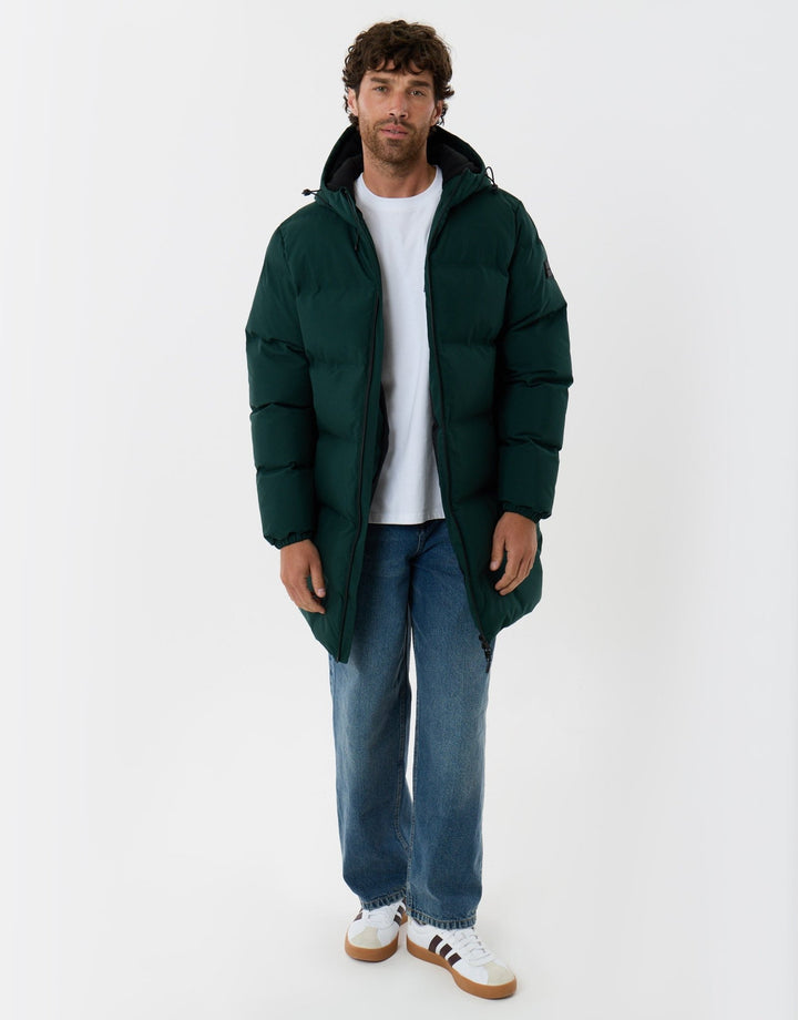 Threadbare Showerproof Longline Puffer Coat in Green - full body