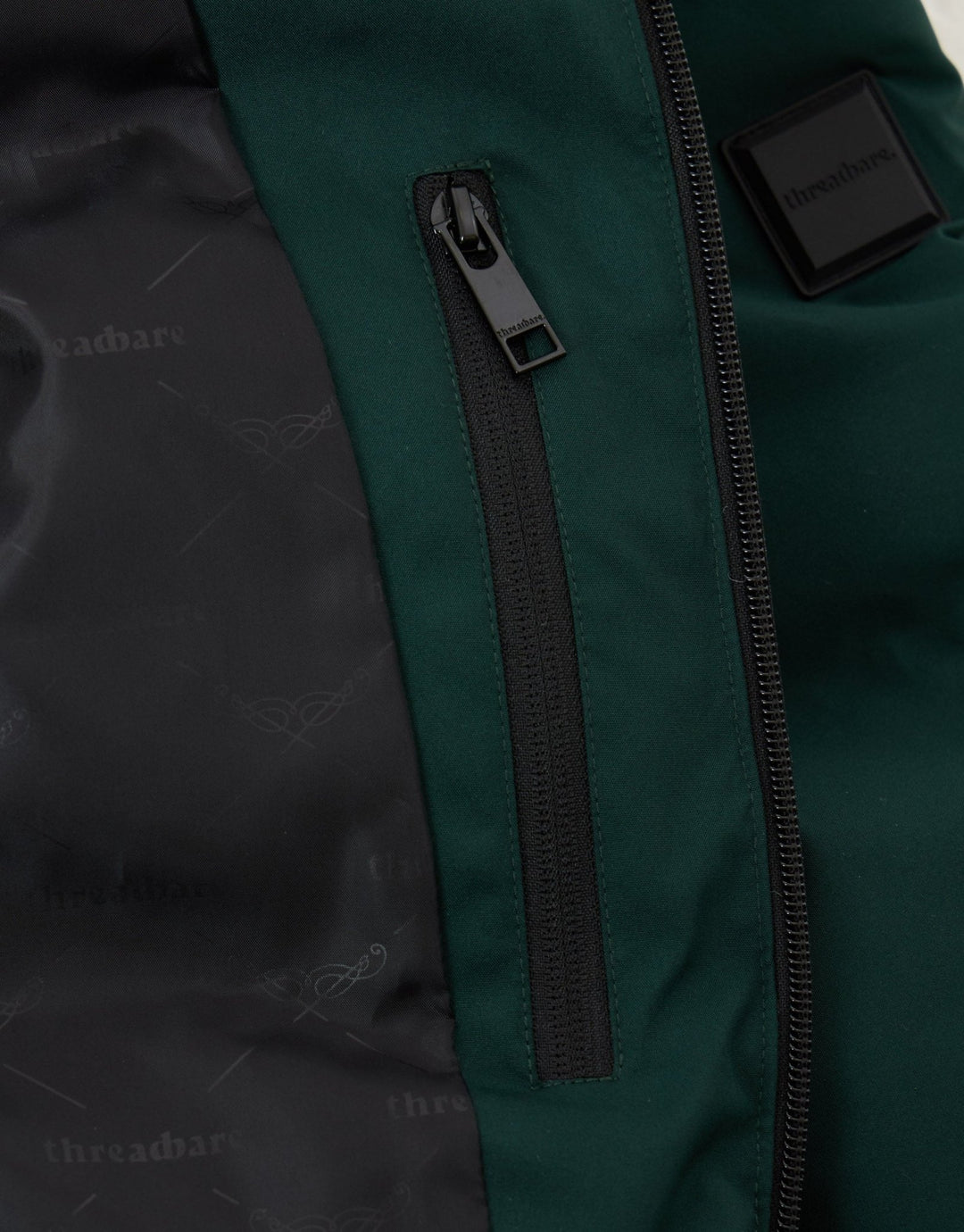 Threadbare Showerproof Longline Puffer Coat in Green - inside detail