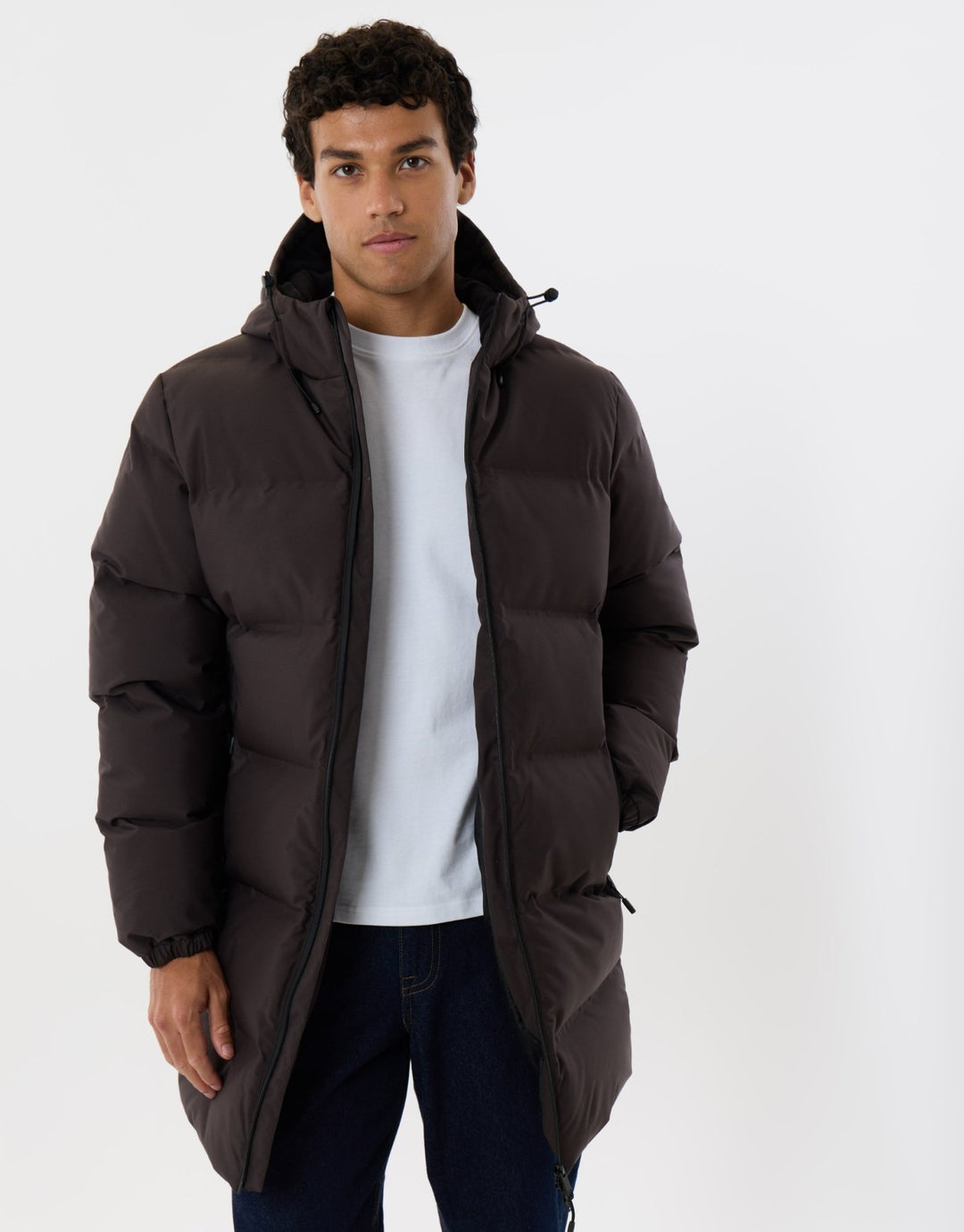 Showerproof Longline Puffer Coat in Chocolate Brown