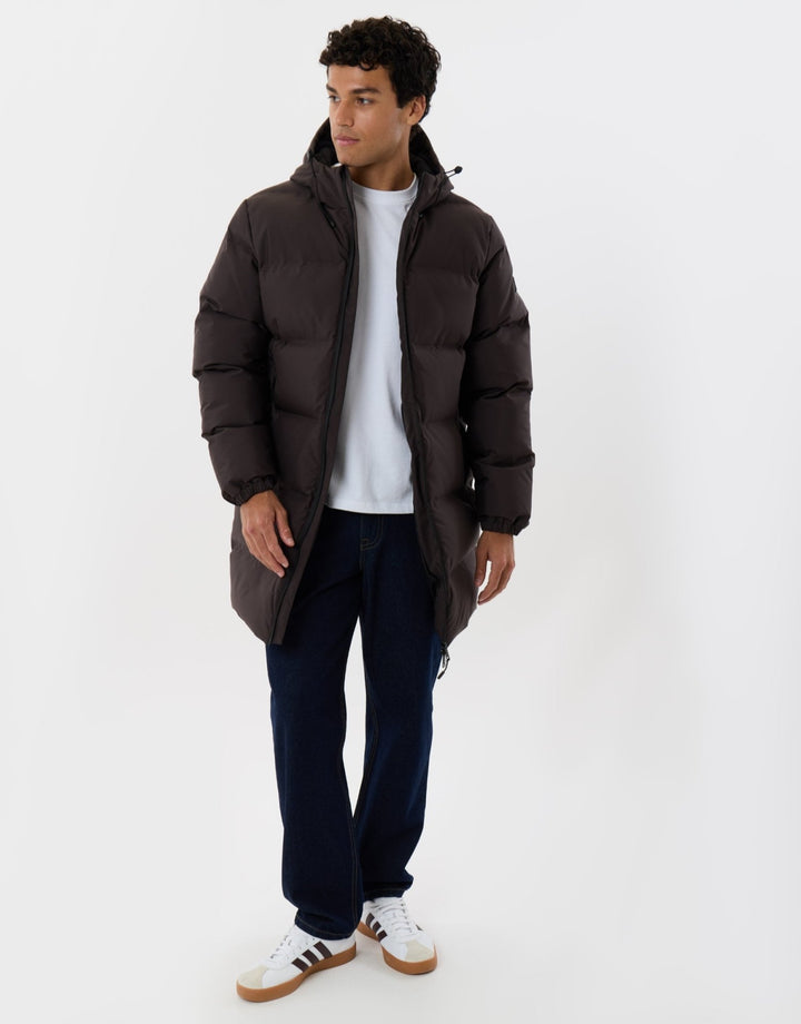Showerproof Longline Puffer Coat in Chocolate Brown