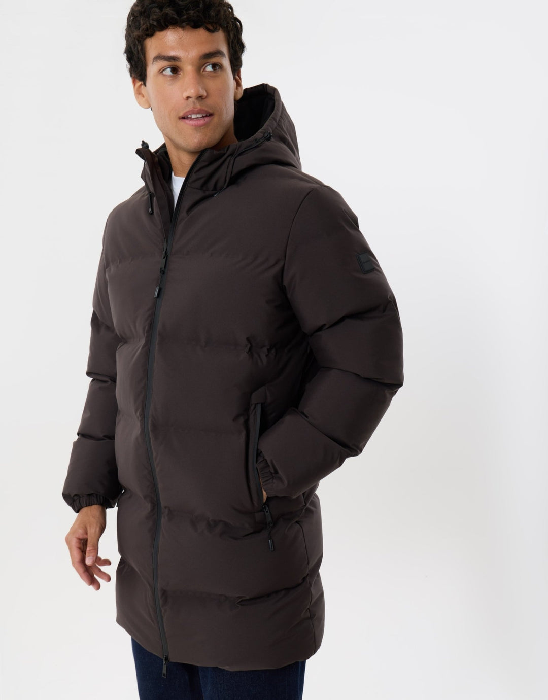 Showerproof Longline Puffer Coat in Chocolate Brown