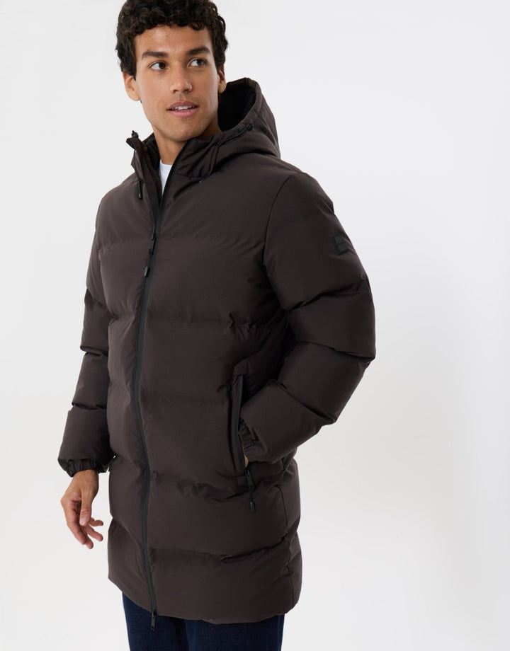 Showerproof Longline Puffer Coat in Chocolate Brown