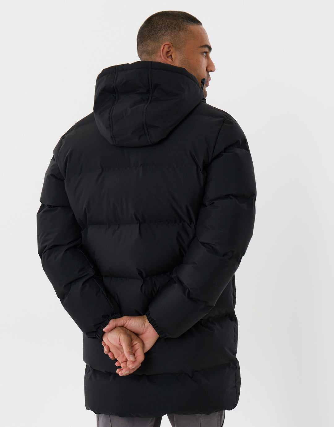 Threadbare Showerproof Longline Puffer Coat in Black - back view