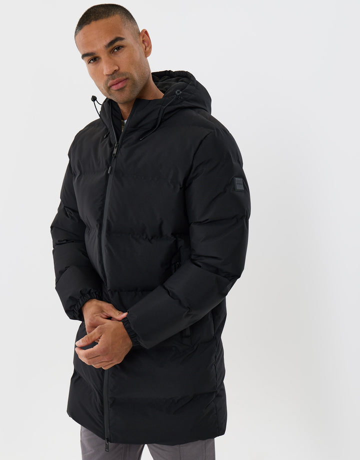 Threadbare Showerproof Longline Puffer Coat in Black - front zip zipped