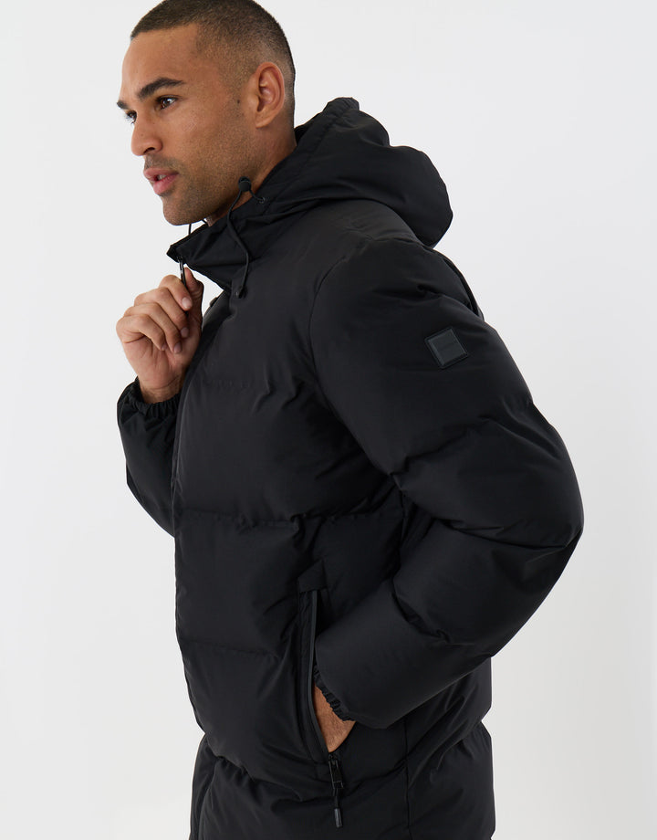 Threadbare Showerproof Longline Puffer Coat in Black - side view