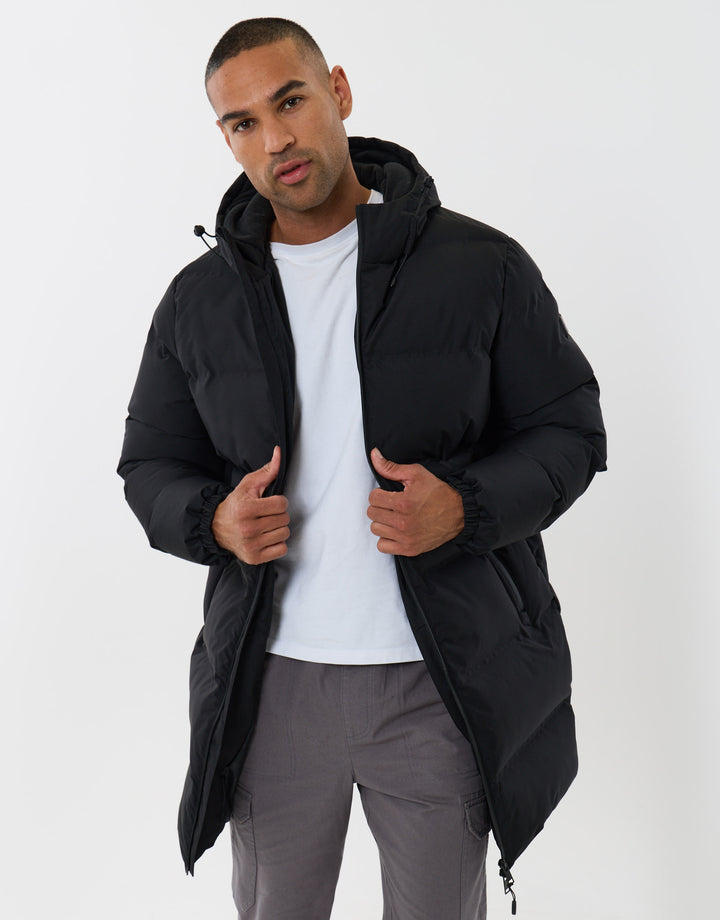 Threadbare Showerproof Longline Puffer Coat in Black - front view open
