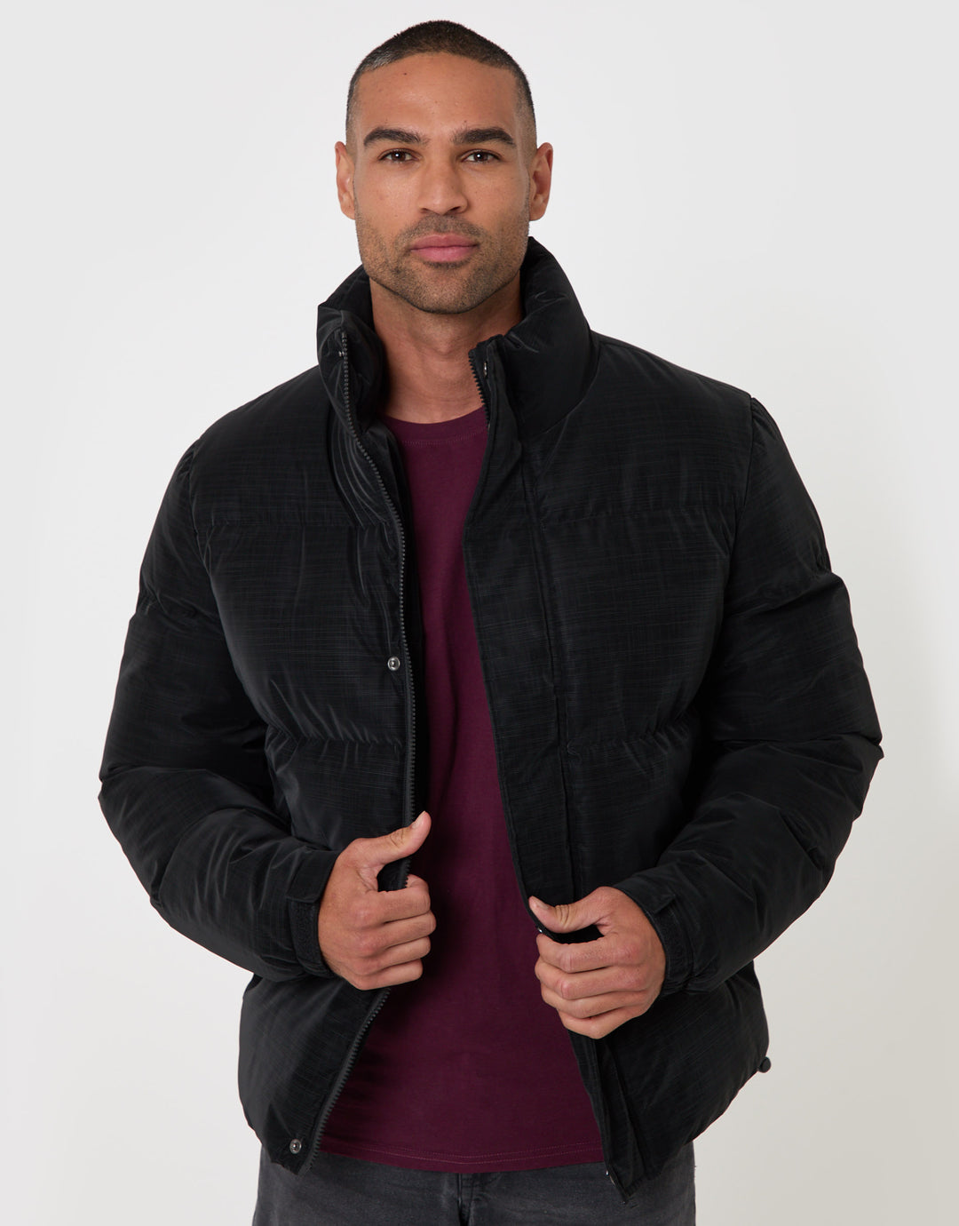 Threadbare Funnel Neck Puffer Coat in Black - front view