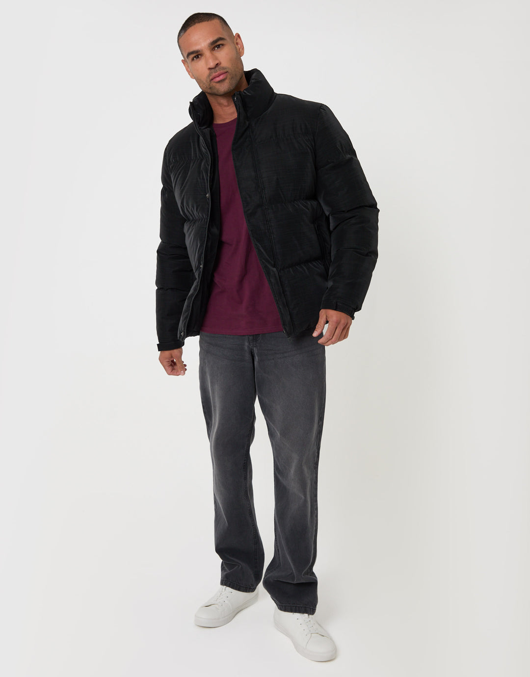 Threadbare Funnel Neck Puffer Coat in Black - full body
