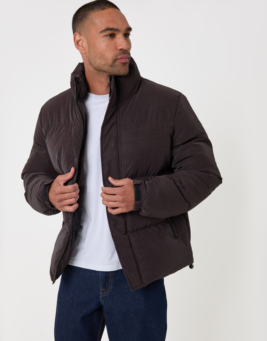 Funnel Neck Puffer Coat in Chocolate Brown