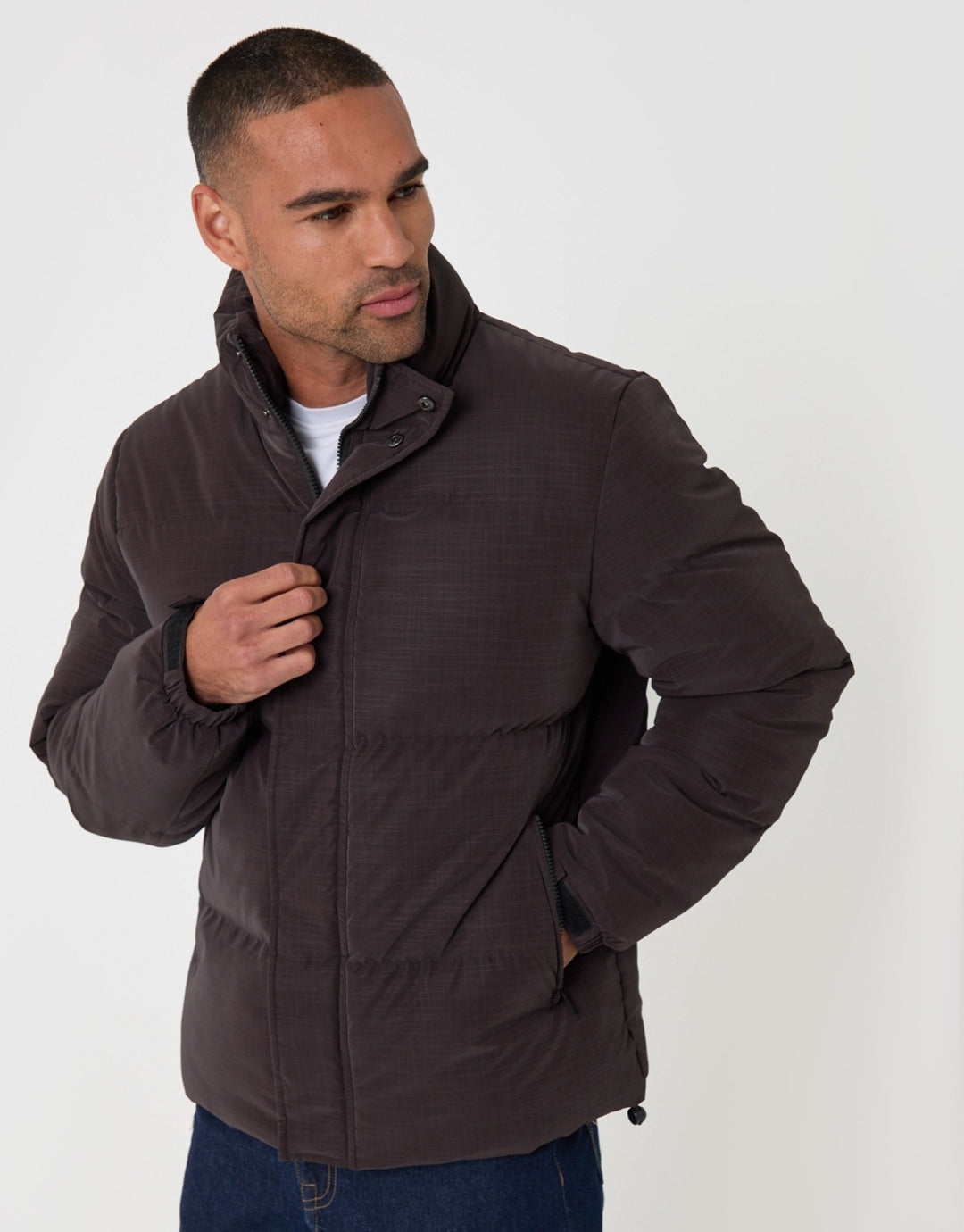 Funnel Neck Puffer Coat in Chocolate Brown