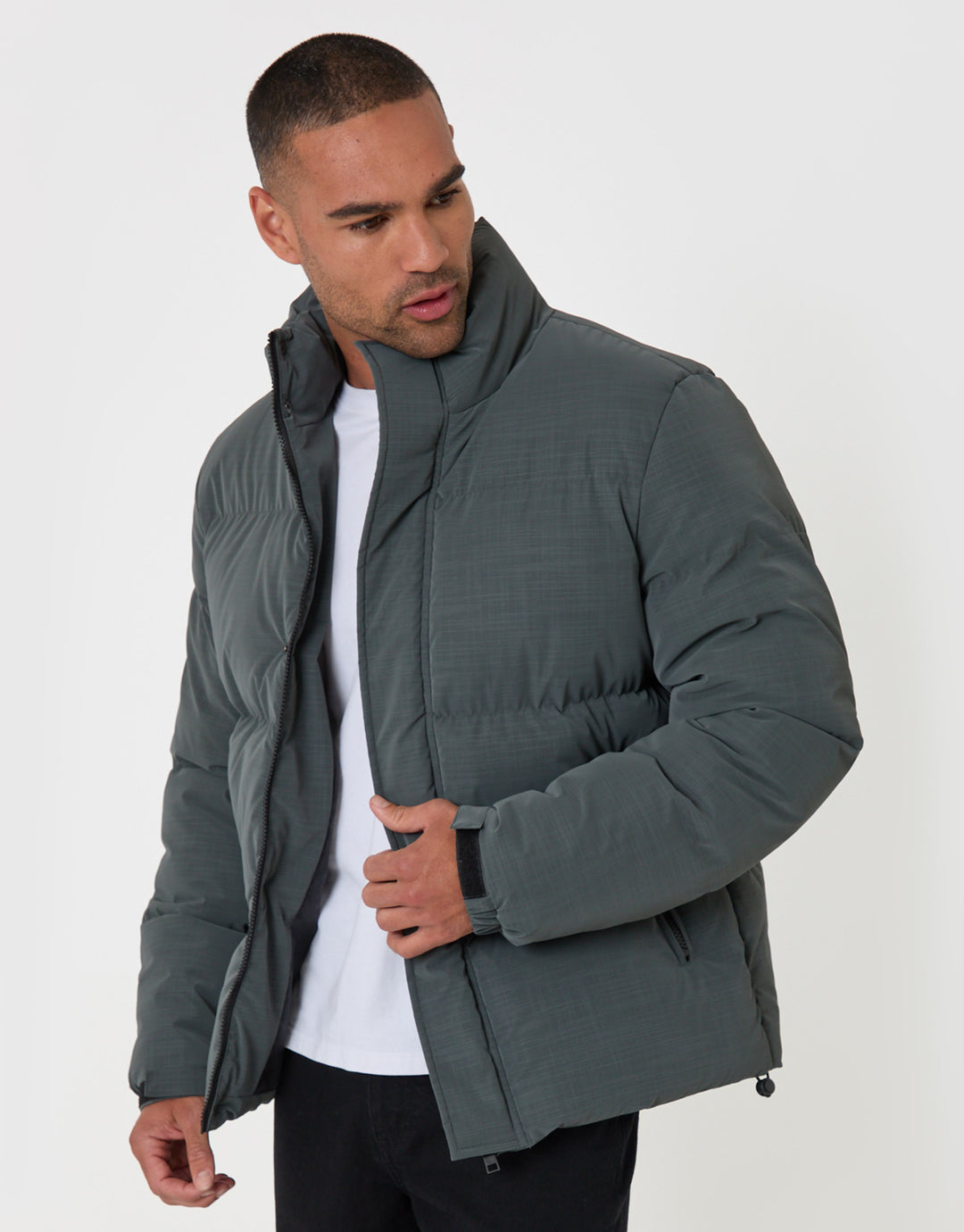 Threadbare Funnel Neck Puffer Coat in Slate Grey - side view