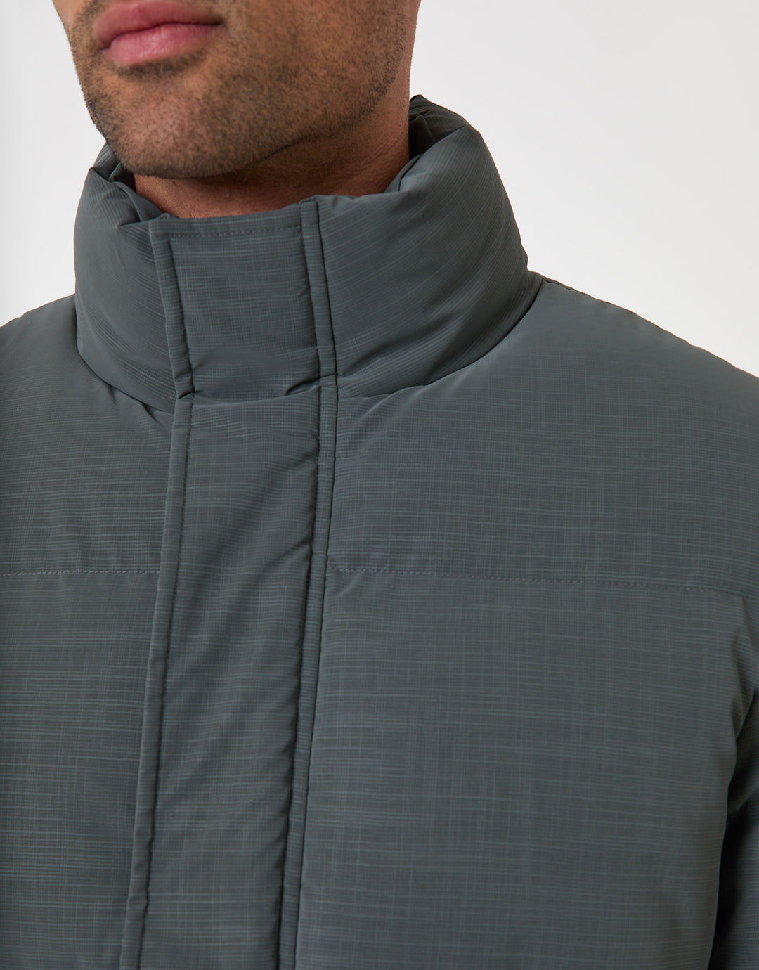 Threadbare Funnel Neck Puffer Coat in Slate Grey - neck detail