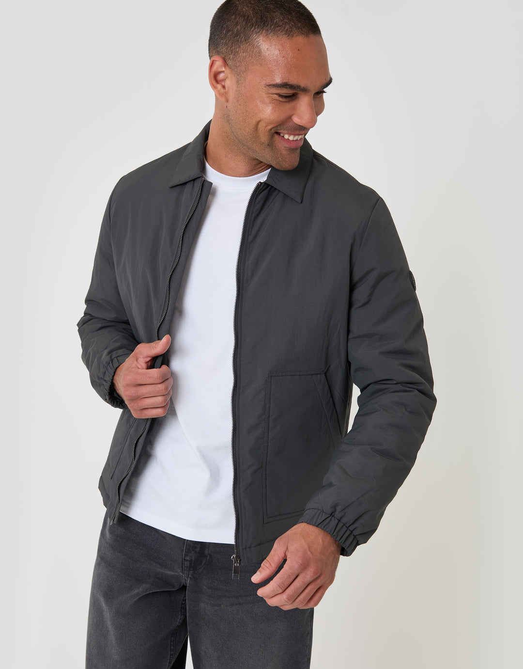 Threadbare Showerproof Collared Harrington Jacket in Slate Grey - front view