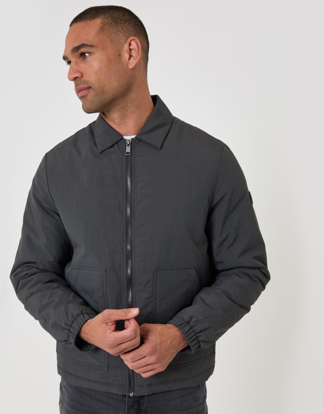 Threadbare Showerproof Collared Harrington Jacket in Slate Grey - front view zipped