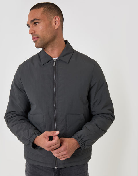 Threadbare Showerproof Collared Harrington Jacket in Slate Grey - front view zipped