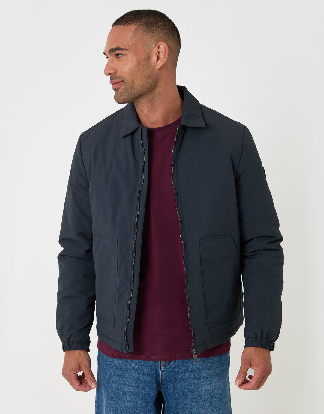Threadbare Showerproof Collared Harrington Jacket in Navy - front view