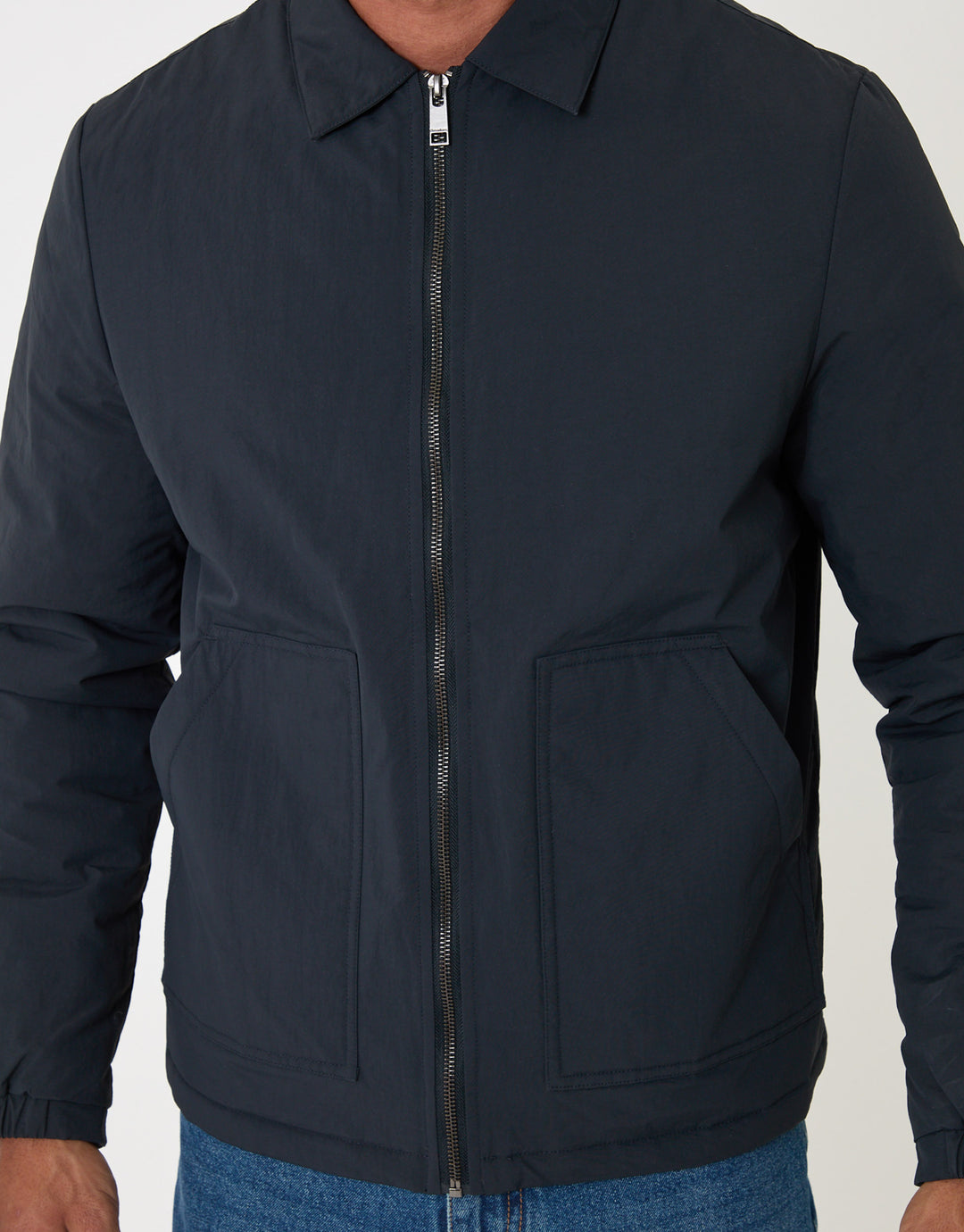 Threadbare Showerproof Collared Harrington Jacket in Navy - zipped up