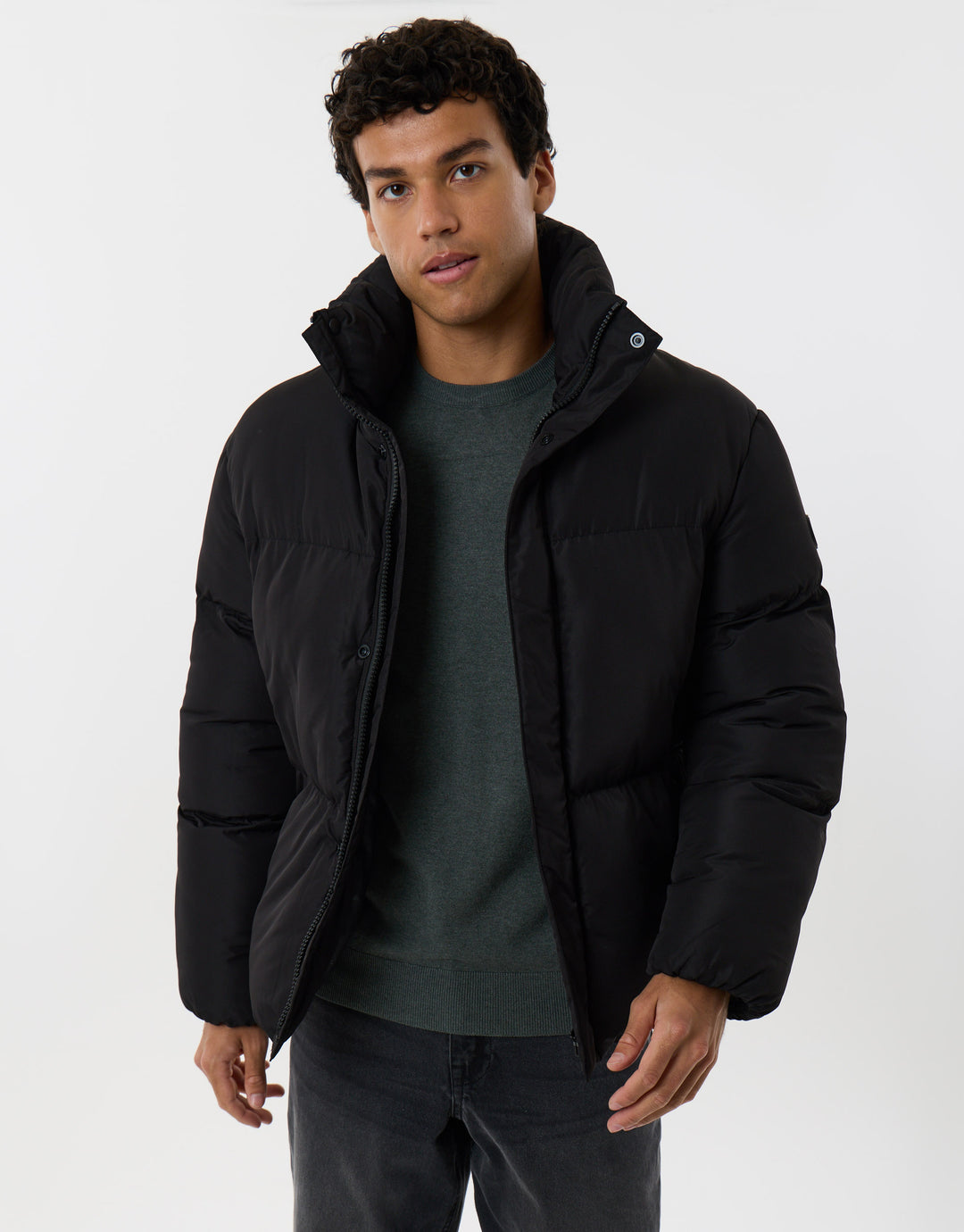 Showerproof Funnel Neck Puffer Coat in Black