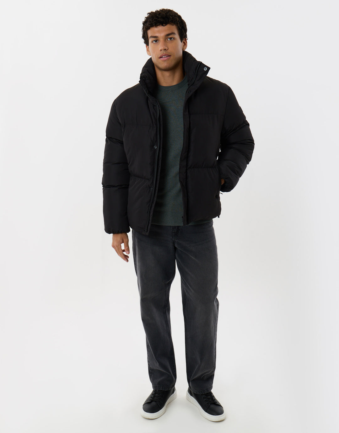 Showerproof Funnel Neck Puffer Coat in Black