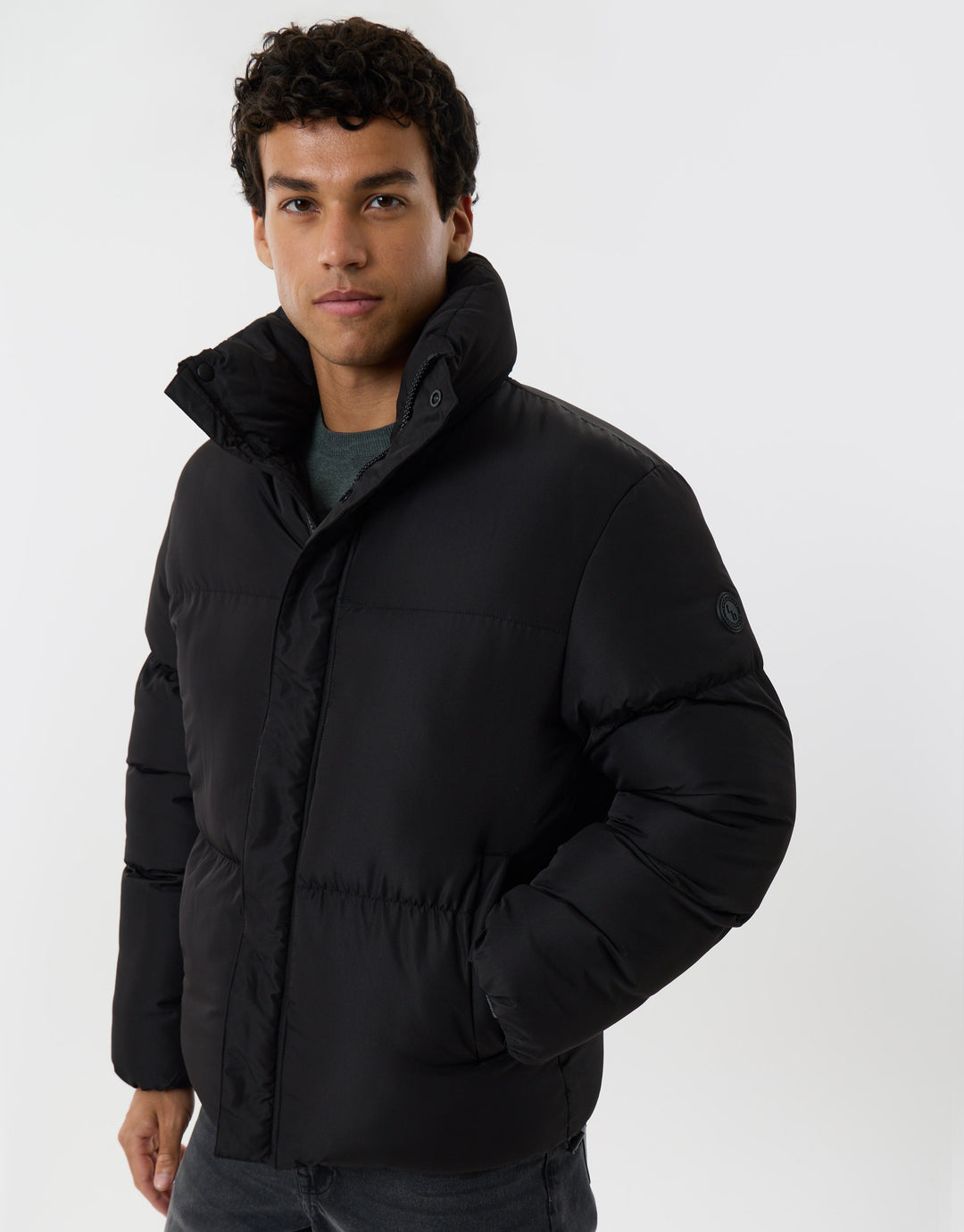 Showerproof Funnel Neck Puffer Coat in Black