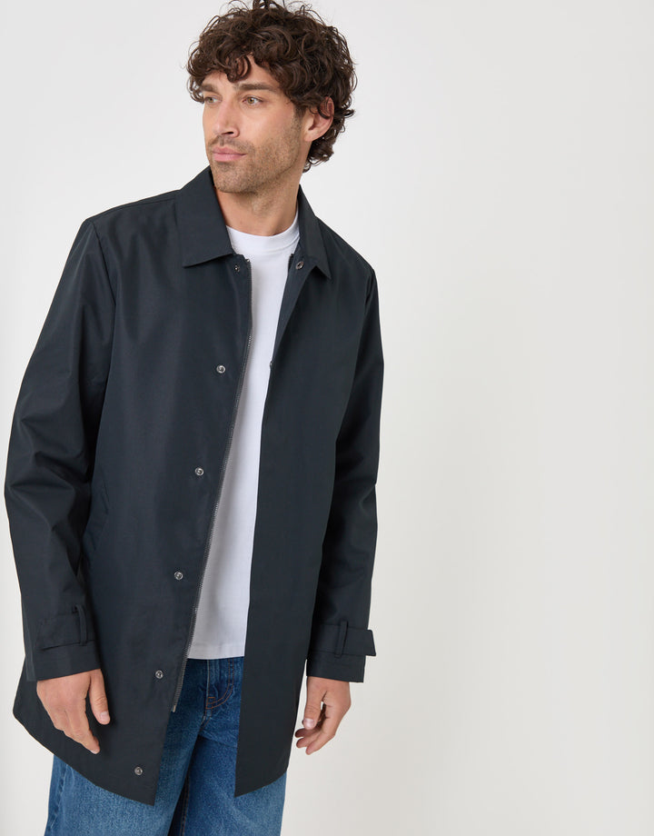 Threadbare Showerproof Collared Longline Mac in Navy - front open view