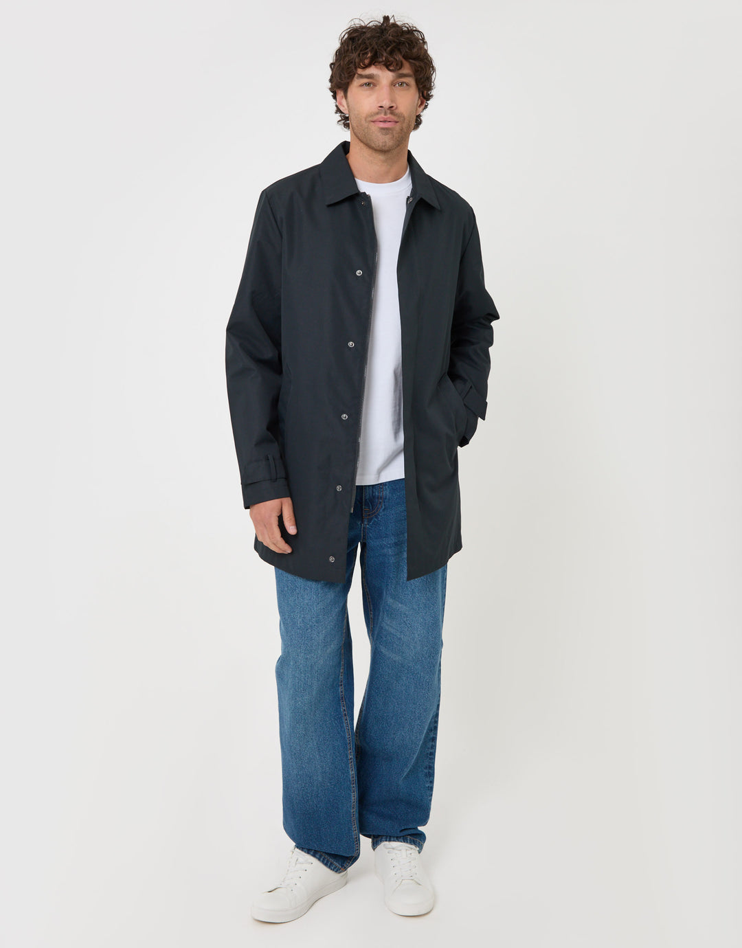 Threadbare Showerproof Collared Longline Mac in Navy - full body