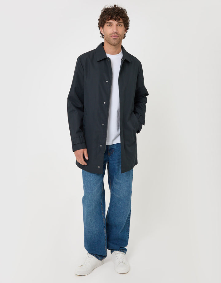 Threadbare Showerproof Collared Longline Mac in Navy - full body