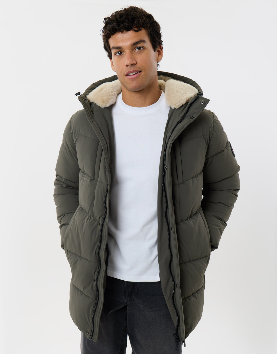 Showerproof Padded Jacket with Sherpa Lined Hood in Green