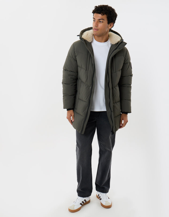 Showerproof Padded Jacket with Sherpa Lined Hood in Green