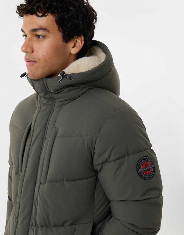 Showerproof Padded Jacket with Sherpa Lined Hood in Green