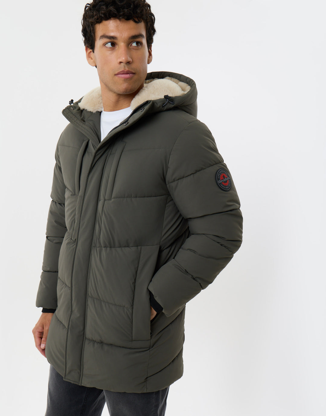 Showerproof Padded Jacket with Sherpa Lined Hood in Green