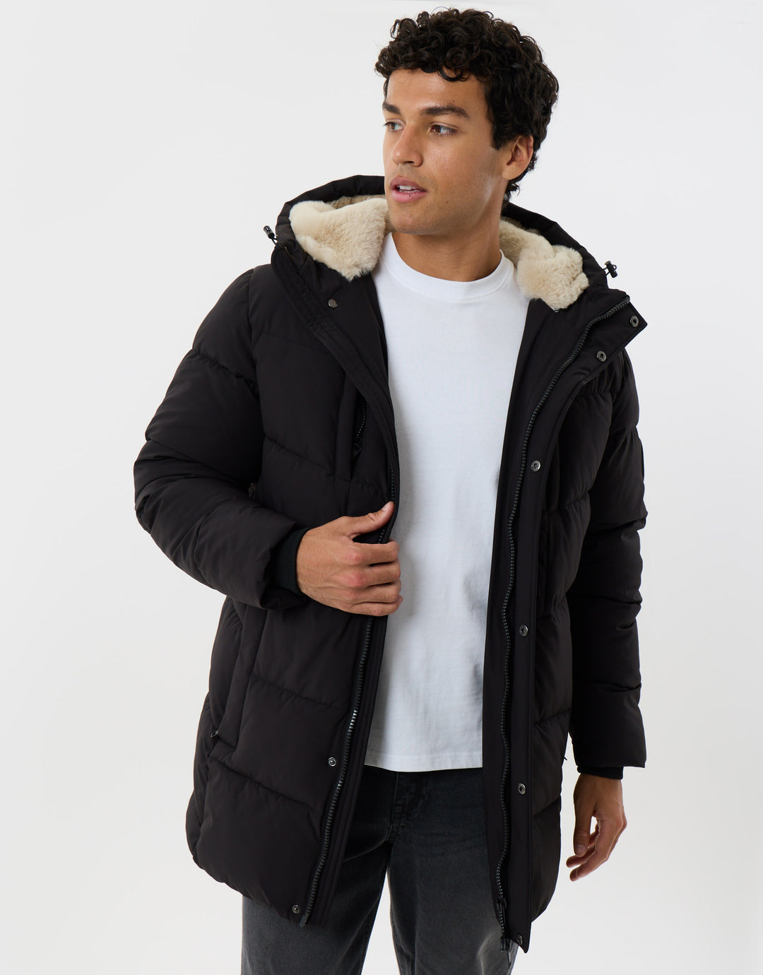 Showerproof Padded Jacket with Sherpa Lined Hood in Black