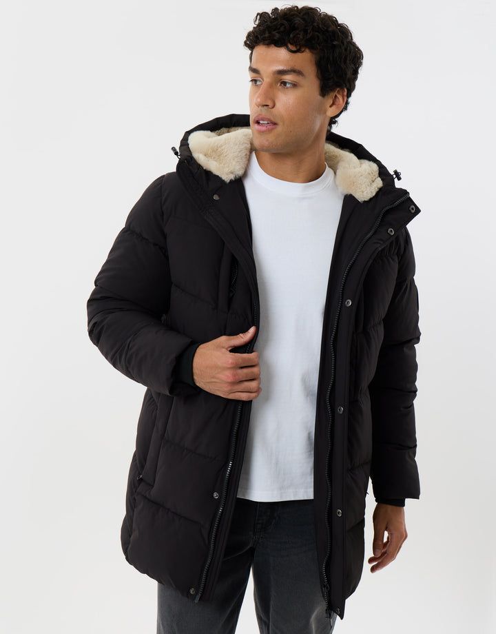 Showerproof Padded Jacket with Sherpa Lined Hood in Black