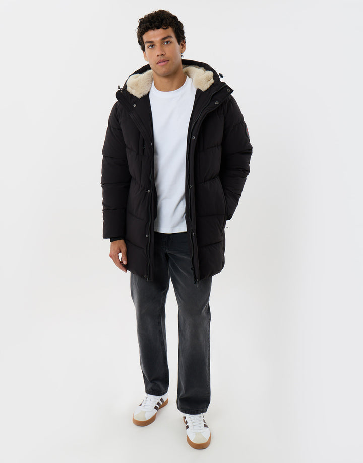 Showerproof Padded Jacket with Sherpa Lined Hood in Black