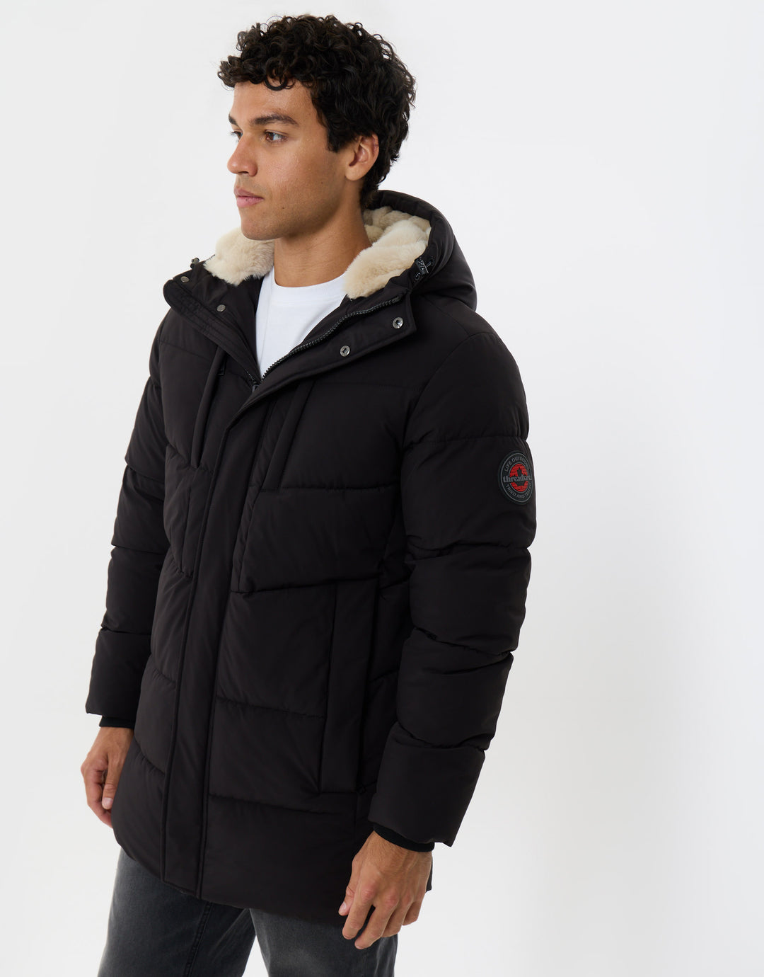 Showerproof Padded Jacket with Sherpa Lined Hood in Black