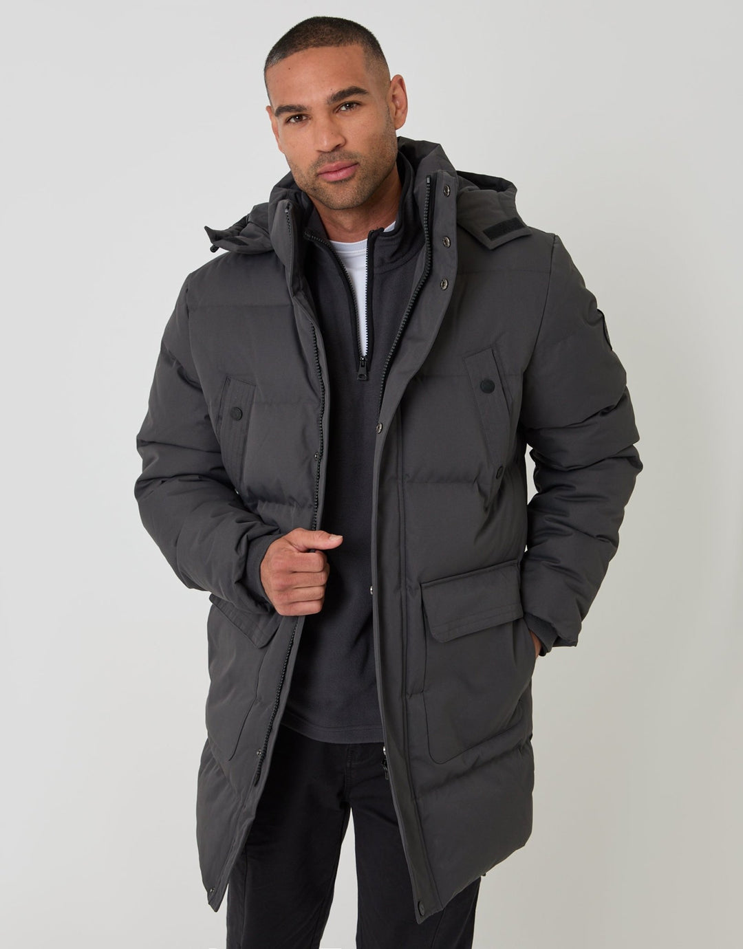 Threadbare Showerproof Hooded Puffer Coat with Adjustable Waist in Slate Grey - front view