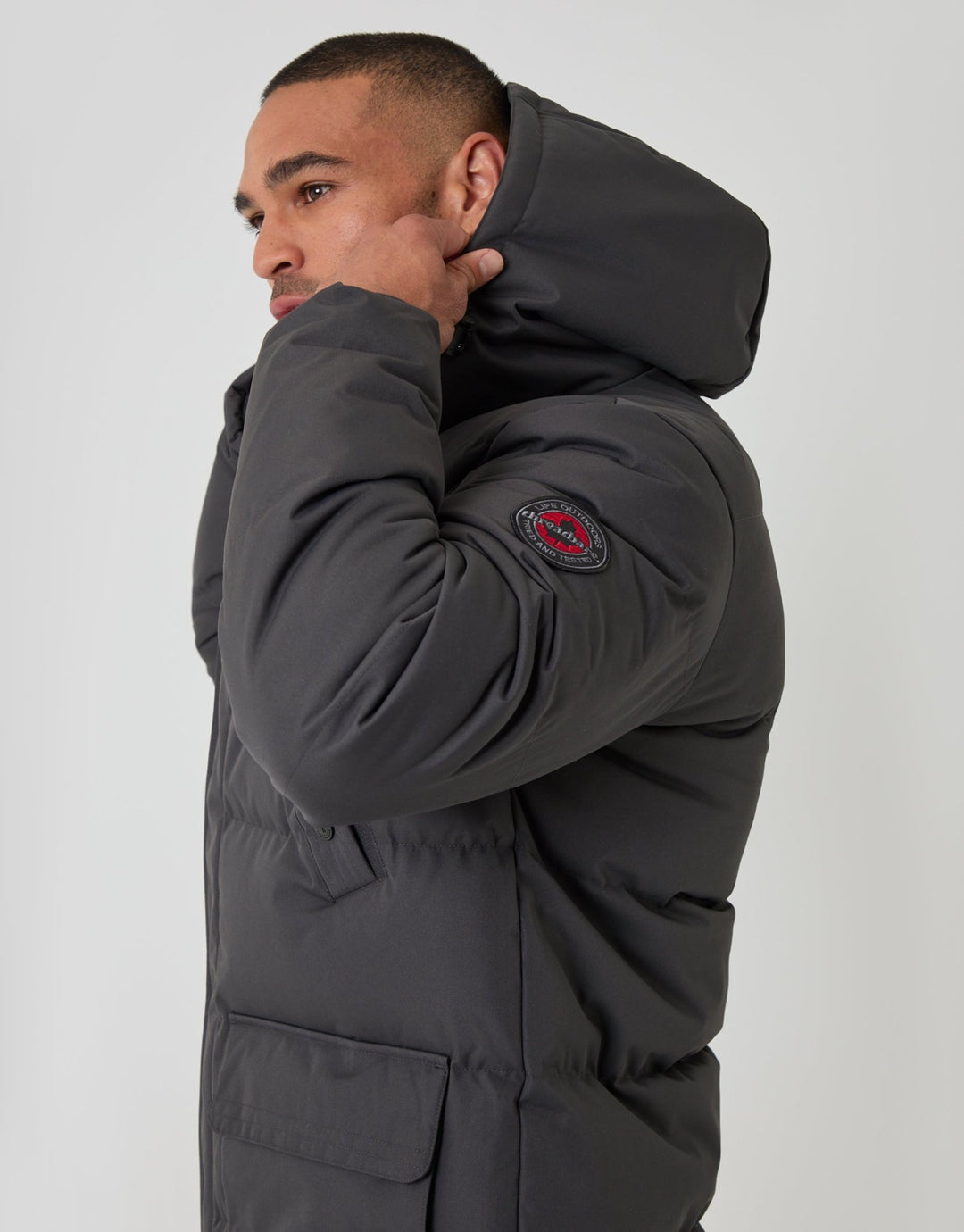 Threadbare Showerproof Hooded Puffer Coat with Adjustable Waist in Slate Grey - side view