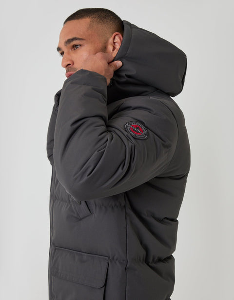 Threadbare Showerproof Hooded Puffer Coat with Adjustable Waist in Slate Grey - side view