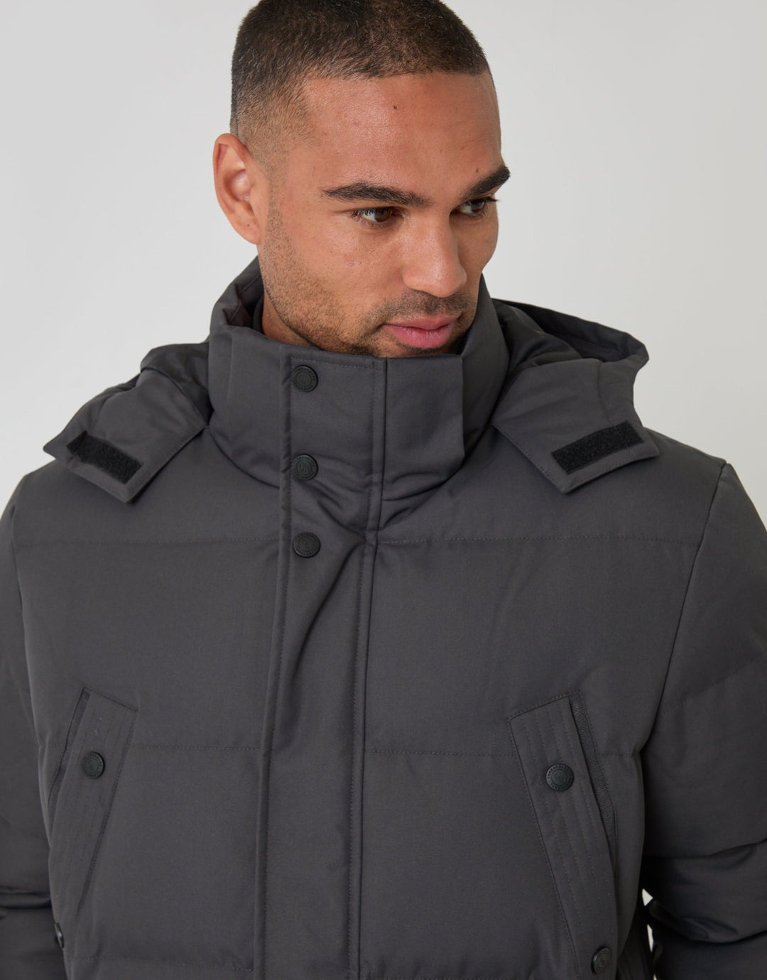 Threadbare Showerproof Hooded Puffer Coat with Adjustable Waist in Slate Grey - close up