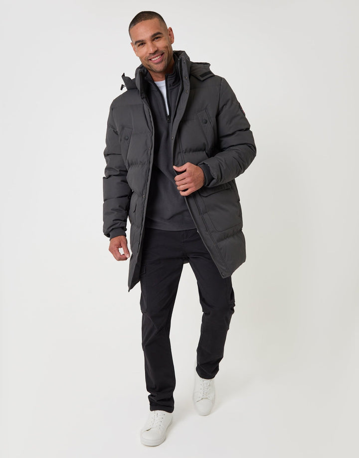 Threadbare Showerproof Hooded Puffer Coat with Adjustable Waist in Slate Grey - full body