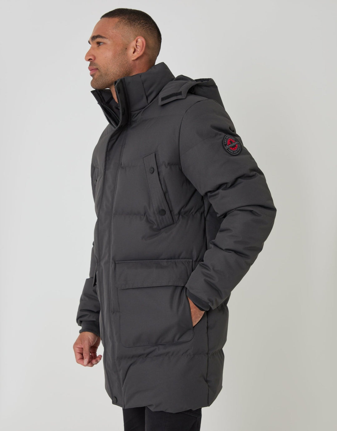 Threadbare Showerproof Hooded Puffer Coat with Adjustable Waist in Slate Grey - side view zipped