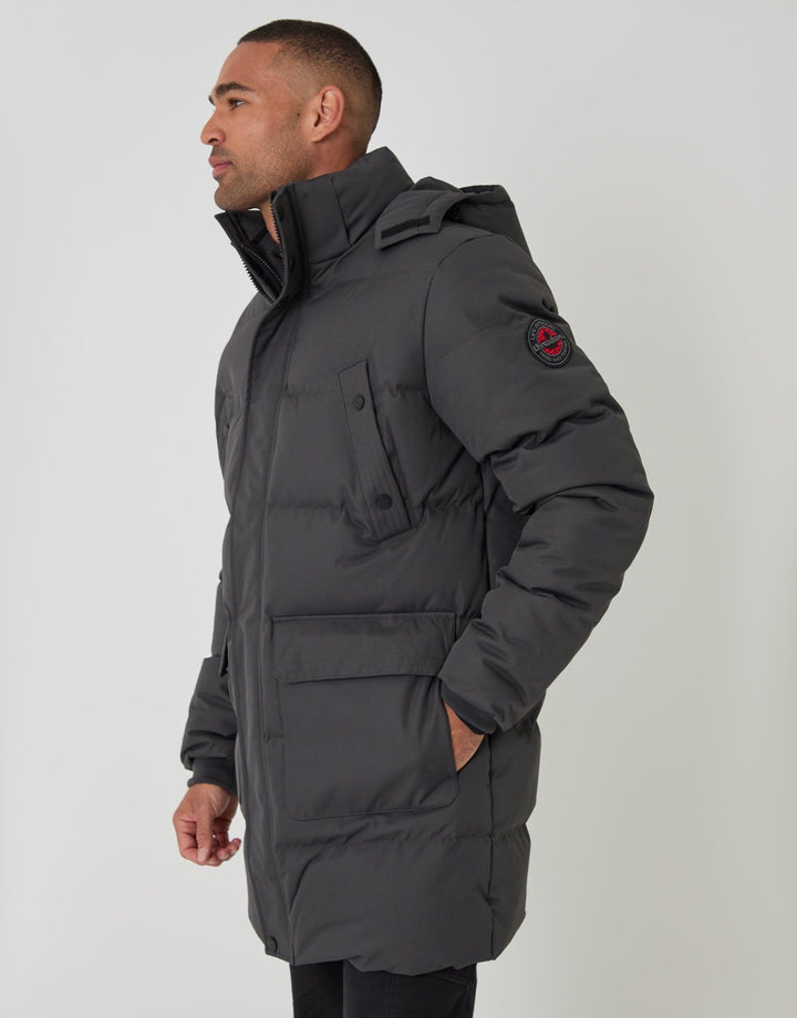 Threadbare Showerproof Hooded Puffer Coat with Adjustable Waist in Slate Grey - side view zipped