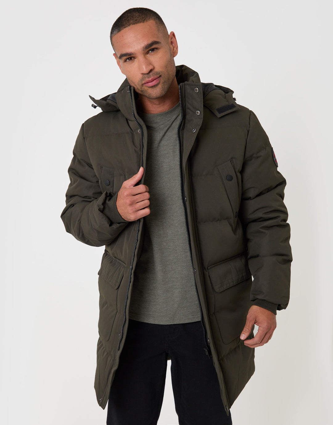 Threadbare Showerproof Hooded Puffer Coat with Adjustable Waist in Khaki - front view