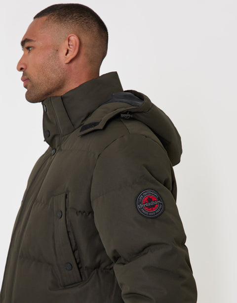 Threadbare Showerproof Hooded Puffer Coat with Adjustable Waist in Khaki - side view