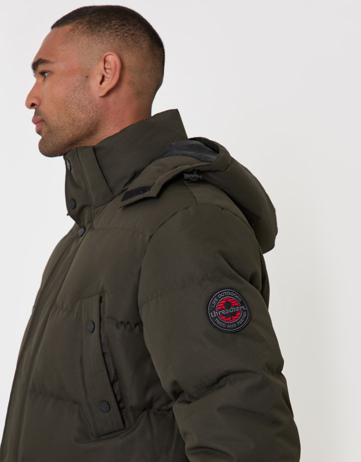 Threadbare Showerproof Hooded Puffer Coat with Adjustable Waist in Khaki - side view