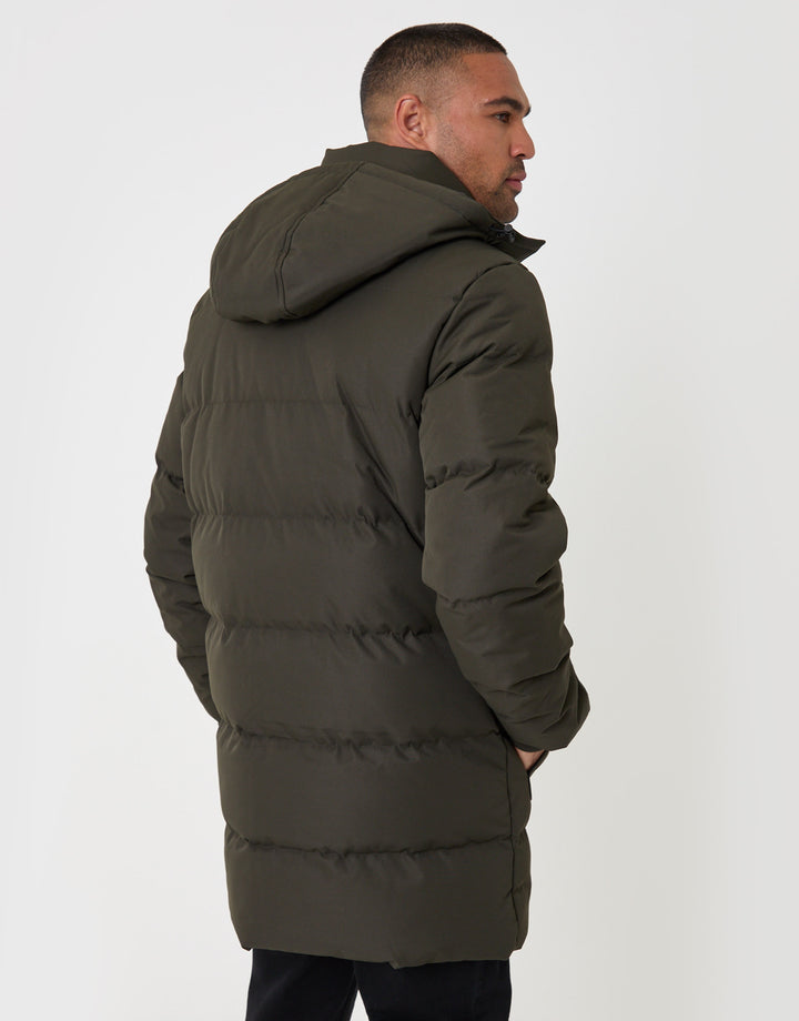 Threadbare Showerproof Hooded Puffer Coat with Adjustable Waist in Khaki - back view