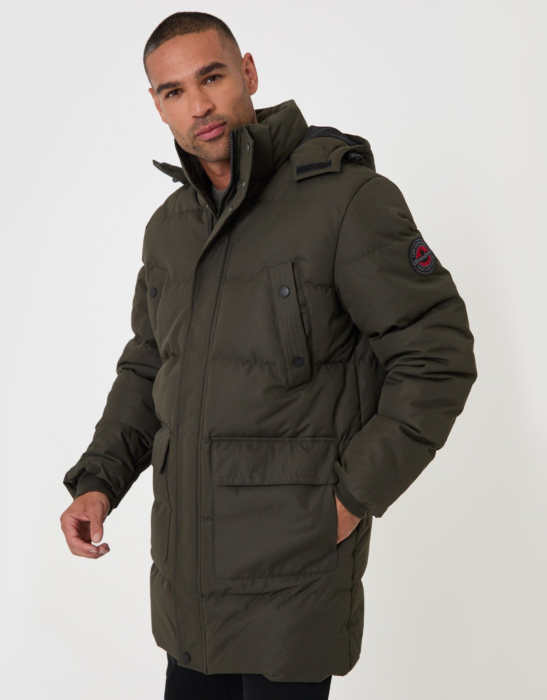 Threadbare Showerproof Hooded Puffer Coat with Adjustable Waist in Khaki - front view zipped