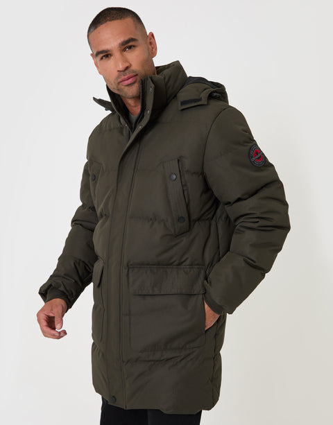 Threadbare Showerproof Hooded Puffer Coat with Adjustable Waist in Khaki - front view zipped