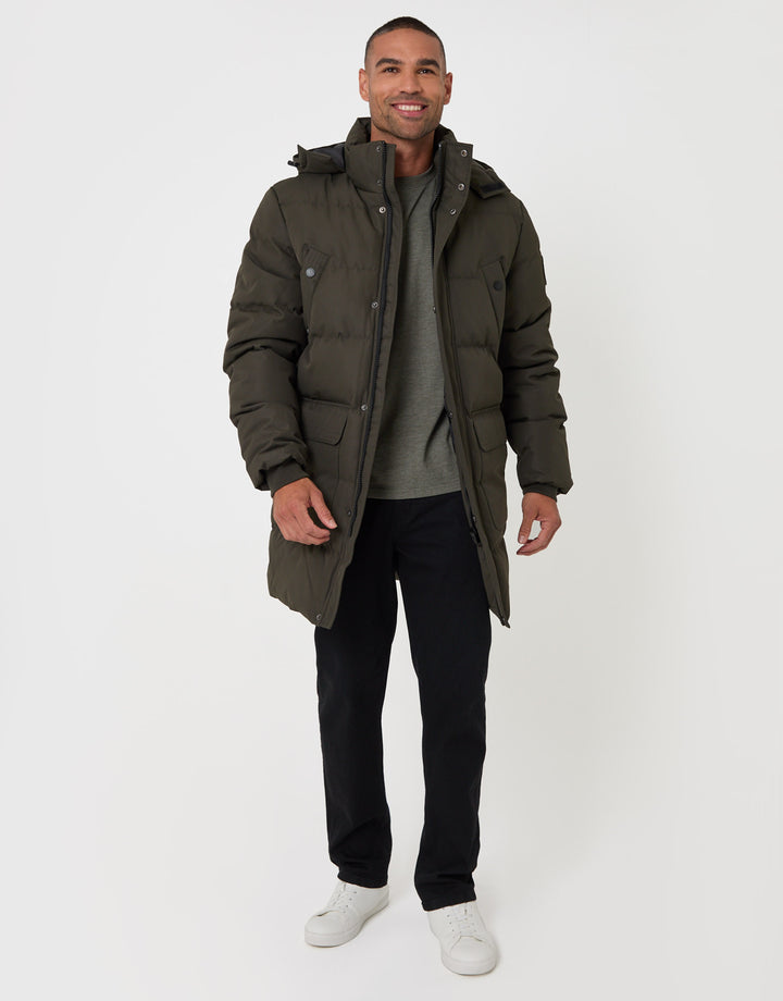 Threadbare Showerproof Hooded Puffer Coat with Adjustable Waist in Khaki - full body