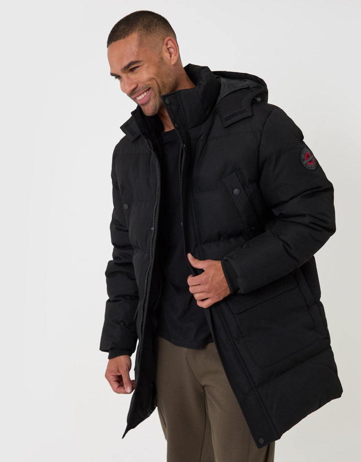 Threadbare Showerproof Hooded Puffer Coat with Adjustable Waist in Black - front view